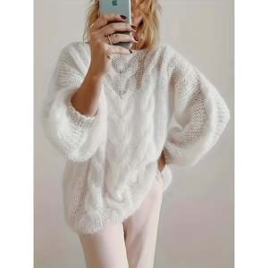 Cable Knit <b>Balloon</b> Sleeve Sweater <b>White</b> S Women's Sweaters - Product Image 3