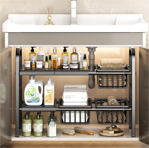 Support de <span class=keywords><strong>rangement</strong></span> pour accessoires de <span class=keywords><strong>cuisine</strong></span> en acier au carbone à 2 niveaux sous l'évier Organisateur <span class=keywords><strong>coulissant</strong></span> réglable Organisateur d'évier - Product Image 2
