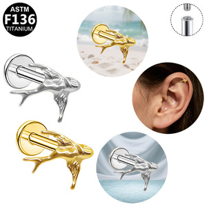 Boucles d'oreilles clous en titane motif fleur et cerf, bijoux de piercing unisexe ASTM F136, argent 925, doré et argenté - Product Image 2