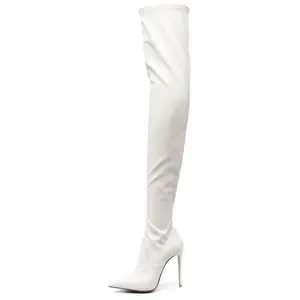 Ladies Black White Leather Pointed Toe Stretch Sock Over The Knee High Heel Leg Baddie Thigh High Boots Leggings Heels Plus Size