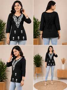 Tunique décontractée en coton noir brodée de fleurs, style coréen et japonais, col en V, manches trois quarts, coupe ample, pour femme, idéale pour le quotidien et les activités de plein air - Product Image 4
