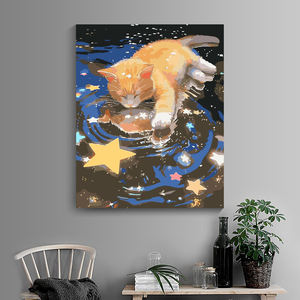 Kit di Pittura a Numeri con Tema Animale: Gatto Arancione Carino e Stelle, Ideale per Bambini e Principianti, Decorazione per la Casa - Product Image 2
