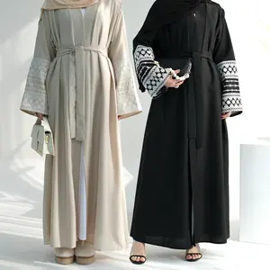 Wholesale Latest Turkey EID Modest Dubai Abaya Girl Kimono Muslim Women Dress Cute Embroidery Sleeves Linen Open Abaya