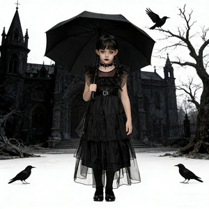 Vestito Gotico Nero in Offerta, Costume da Carnevale per Ragazze con Cintura, Outfit per Feste e Spettacoli per Bambini, Carnevale e Halloween - Product Image 2