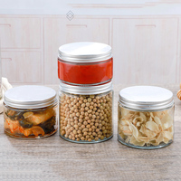 Penjualan Panas Stoples Kaca Bulat Lurus 250ml 280ml 390ml 500ml 730ml untuk Menyimpan Kacang, Cokelat, Acar, Makanan dengan Tutup Aluminium