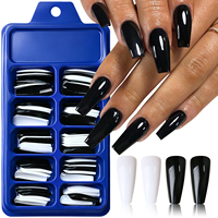 100 Uds./Caja Puntas de Uñas Postizas Largas Negras y Blancas Sólidas, Brillantes, de Cobertura Completa, Estilo Bailarina, Rectas y Cónicas para Extensión de Uñas
