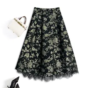 Floral skirt women's 2023 spring new heavy industry embroidered flower long pleated skirt light luxury A- line skirt