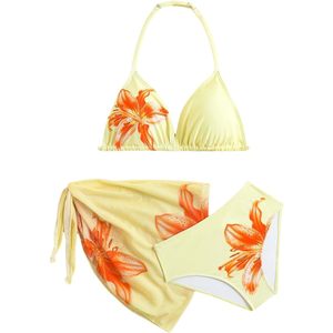 FOXA Ensemble bikini 3 pièces à fleurs pour filles, taille haute, avec jupe de plage, encolure halter, maillot de bain extensible en spandex et polyester - Product Image 1