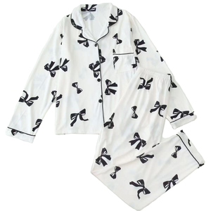 Conjunto de Pijama de Verano Elegante para Mujer, Transpirable, con Cintura Elástica, Manga Larga, Tejido de Punto, Estampado de Lazo, Solapa Clásica, Moda Sólida - Product Image 1