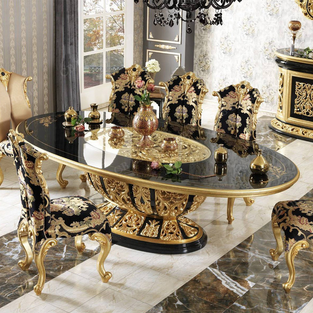 High Quality Antique Luxury Round Dining Table Set Hand Carved Solid Wood Guangdong Dining Room Furniture