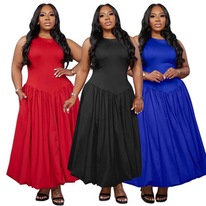 N8069 <span class=keywords><strong>abbigliamento</strong></span> da donna Plus-size in Europa nuovi abiti lunghi in tinta unita neri africani - Product Image 1