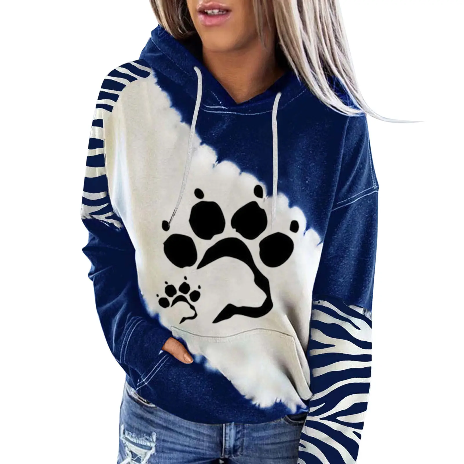 Fitspi Spring Autumn European American Animal Claw Love Clothes Printed Hooded Long Sleeve Fleece Lined Pocket Sweatshirt