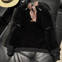 Manteau en cuir pour homme, noir, en véritable peau de mouton, doublure en fourrure épaisse, style aviateur, vintage, patchwork, pour l'automne