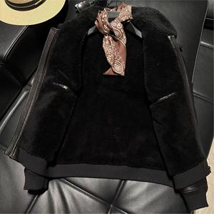 Manteau en cuir pour homme, noir, en véritable peau de mouton, doublure en fourrure épaisse, style aviateur, vintage, <span class=keywords><strong>patchwork</strong></span>, pour l'automne - Product Image 5
