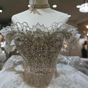 Glittery <b>Sequins</b> Puffy Ball Gown Chapel Embroidered Floor-Length Wedding Dress Strapless Sweetheart Neck <b>Backless</b> Bridal Dress - Product Image 2