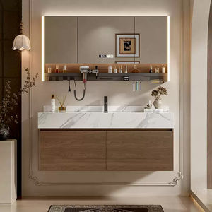 Ensemble de meuble-lavabo de salle de bain moderne en contreplaqué certifié CE, avec miroir intelligent mural, résistant à l'eau, écologique, durable, avec vasque en céramique - Product Image 3