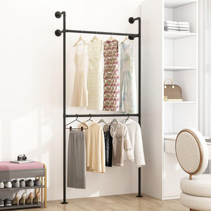 Porte-vêtements mural industriel classique en métal, support de tuyau, barre de suspension pour vêtements, gain de place, armoire, salon - Product Image 5