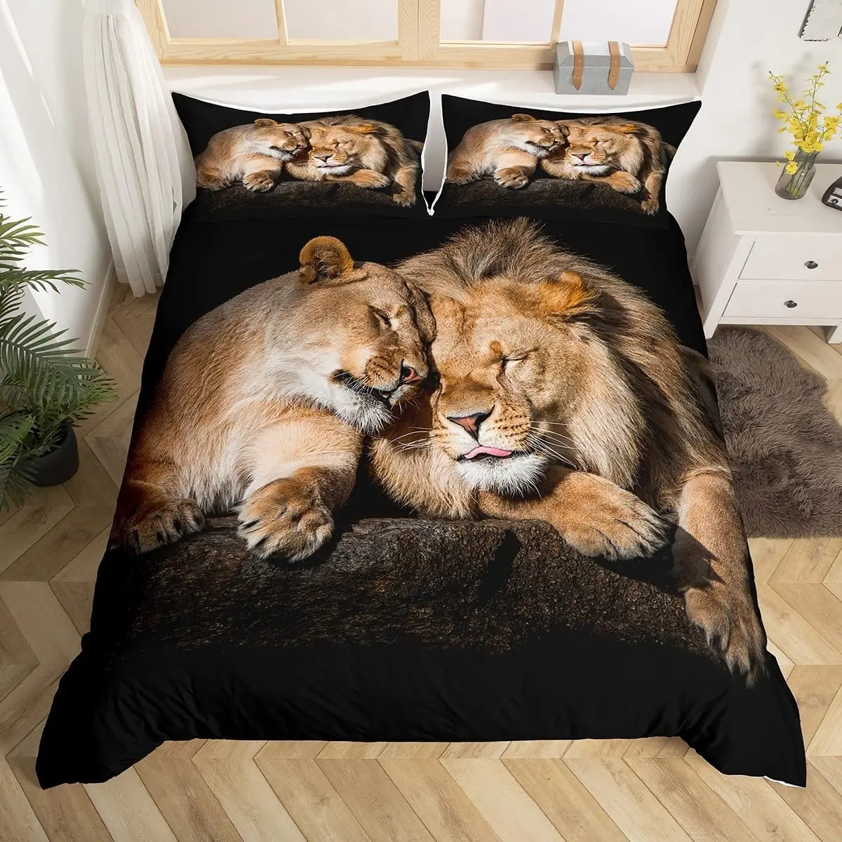 Lion Duvet Cover Set Wild Lion Couple Print Bedding Set 3pcs for Kids Boys Teens 3D Comforter Cover Set