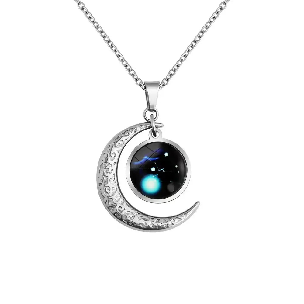 Fashion Style Twelve Constellations Luminous Glass Necklace Moon   Star Pendant for Party   Gift