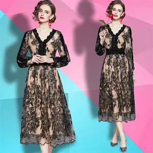 arrivals sale 2024 new women's clothing wholesale fashion dresses lace V-neck long-sleeved slim mesh sequin embroidered dresses