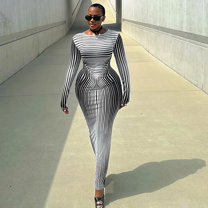 Peeqi Q23DS583 autumn 2023 new fashion striped print long sleeve O-neck maxi dress bodycon casual elegant clothes for women lady