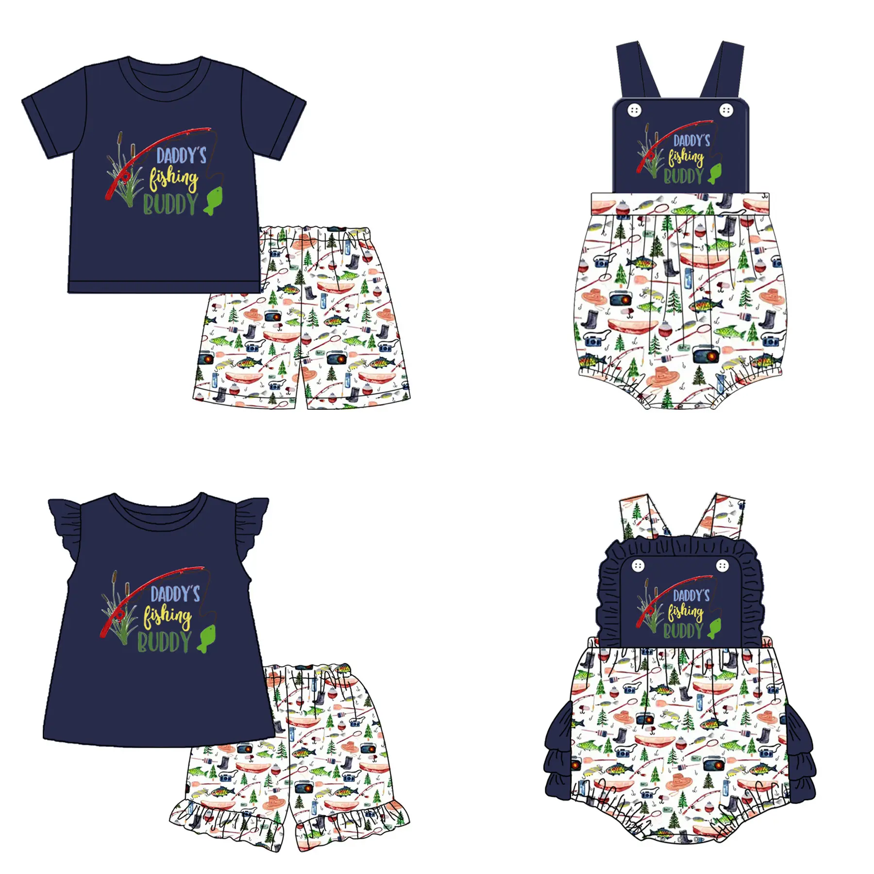 2023 Summer fishing print shirt shorts 2 pcs baby boy clothes sets children boutique kids clothing set
