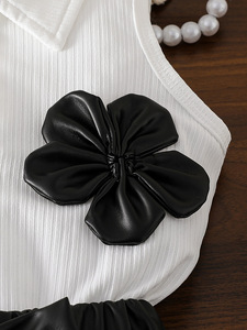 Girls' Cotton <strong>White</strong> Color Top &amp; PU <strong>Leather</strong> <strong>Skirt</strong> with Bow Two-Piece Set Breathable Casual - Product Image 4
