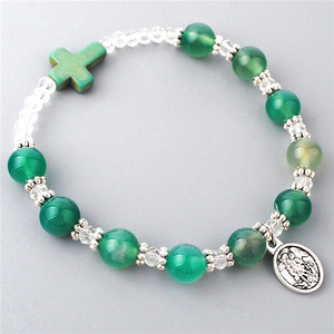 Ciondolo <span class=keywords><strong>Angelo</strong></span> San Michele, <span class=keywords><strong>Bracciale</strong></span> Rosario Cattolico Verde <span class=keywords><strong>con</strong></span> Perle di Agata Verde da 8mm, Perle di Cristallo 3x4mm e Croce - Product Image 1