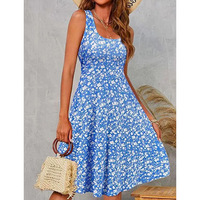Robe d'été bleue à imprimé floral pour femme, sans manches, coupe trapèze, style bohème, devant en polyester/coton, pour les vacances, la plage, décontractée, ajustée, ourlet évasé