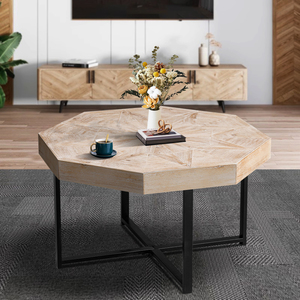 Wood Octagonal Coffee <b>Table</b> 30 Inch Patchwork Top Cross Metal <b>Legs</b> Farmhouse Style Living Room <b>Table</b> - Product Image 1