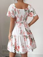 Vestido Midi para Mujer con Estampado Floral, Elegante, Transpirable, Lavable, Cintura Natural, Corte en A, Holgado, Cuello Cuadrado, Manga Corta, Informal