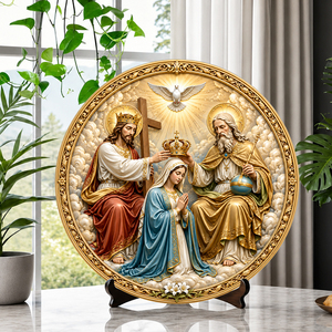 Piatto in Resina con Madonna Incoronata e Cornice a Ghirlanda di Lillie, Regalo Religioso per Esposizione in Cappella, Direttamente dalla Fabbrica - Product Image 1