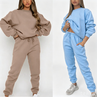 Ensemble deux pièces surdimensionné pour femmes, sweat-shirt à col rond uni et pantalon de jogging, tenue décontractée streetwear et loungewear