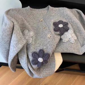 Women's Gray Floral Knitted <b>Cardigan</b> Loose Fit Single Breasted Autumn Winter Korean Style Sweater Top Anti Pilling - Product Image 1