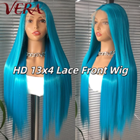 Wig Serat Sintetis Premium Futura Fibra HD 13*4 Lace Front 320g Biru Muda Lurus Matte Tahan Panas untuk Wanita