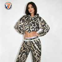 Ensemble en coton unisexe personnalisé 2 pièces, imprimé léopard, sweat-shirt vintage délavé, poche à volants, pantalon large décontracté, survêtement