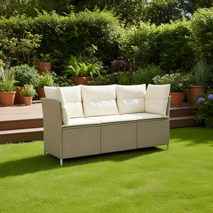 Canapé de jardin en polyrotin beige trois places, mobilier d'extérieur confortable, résistant aux UV, en rotin PE, avec coussin en mousse haute densité - Product Image 2