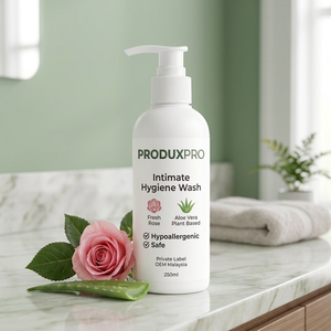 ผลิตภัณฑ์ทำความสะอาดจุดซ่อนเร้นสำหรับผู้หญิง ProduxPro Private Label OEM มาเลเซีย สูตรอโลเวร่าจากพืช ผสมกุหลาบสด ปราศจากสารก่อภูมิแพ้ ได้รับมาตรฐาน GMP และ ISO - Product Image 3