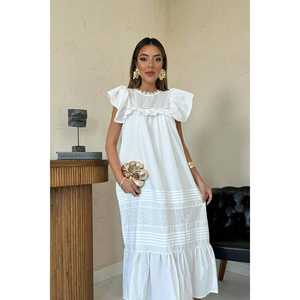 Vestido Blanco con Volantes, Cintura Holgada, Escote con Volantes, Tejido Transpirable, Informal, para Uso Diario - Product Image 2