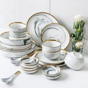 WKTDS04 chaozhou de boda de lujo de oro rimmed línea en vajilla de cerámica de comedor placa recipiente de mármol conjunto de cena de porcelana
