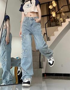 Femmes taille haute jambe large Y2K Denim <span class=keywords><strong>jean</strong></span> esthétique étoile femmes <span class=keywords><strong>jean</strong></span> pantalon filles petit ami coupe ample étoile broderie <span class=keywords><strong>jean</strong></span> - Product Image 5