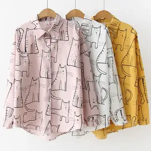 Women Elegent Fashionable Style Cartoon Cute Cats Printing Long-sleeve White Shirts Casual Office Modest Ladies Blouse