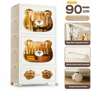 Armario Plegable Infantil con Diseño de Oso de Dibujos Animados, 90 cm de Ancho, 2 Compartimentos Colgantes, Armario de Plástico para Guardar Ropa de Bebé con Ruedas - Product Image 2