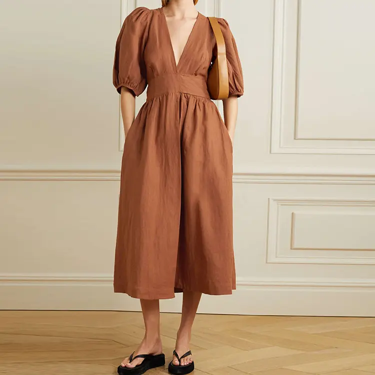 Automne hiver vêtements en coton vintage vêtements pour femmes robes en lin de coton personnalisées une pièce modeste midi robes d'été décontractées pour femmes