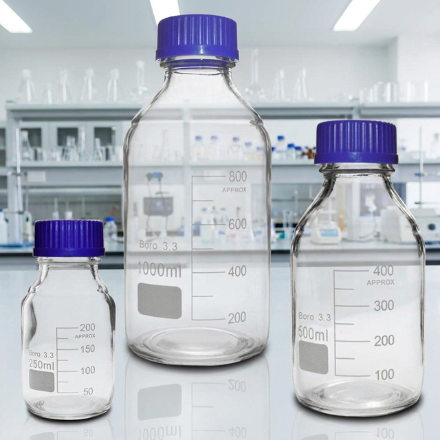 Chemical 100ml 250ml 500ml 1000ml Glass Reagent Bottle with Blue Plastic Screw Cap