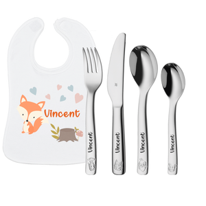 WMF Posate per Bambini Farm con Incisione + Bavaglino con Nome Volpe + Sonaglio - Product Image 1