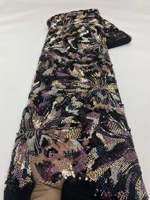 Tissu de luxe en sequins lourds et perles, motif floral feu d'artifice, dentelle verte émeraude, tulle maillé pour robe de bal glamour