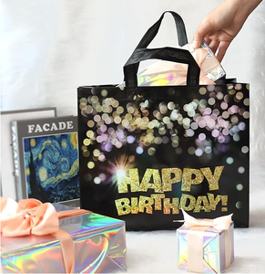 Grande <span class=keywords><strong>borsa</strong></span> regalo di compleanno riutilizzabile in tessuto Non tessuto nero con pois lucidi oro per feste di buon compleanno o uso del supermercato - Product Image 5
