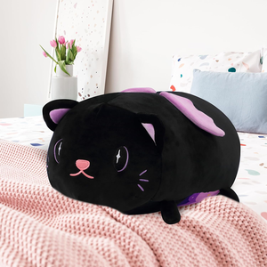 Lila Flügel Mini-Gliedmaßen 17,7 Zoll Rundes Katzen-Plüschkissen Weiches Schlafkissen Bequemes Körperkissen Schwarze <span class=keywords><strong>Katze</strong></span> Stofftier - Product Image 3