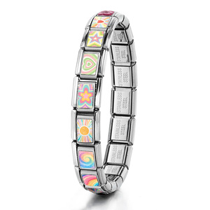 Breloques italiennes en époxy motif dessin animé arc-en-ciel, en acier inoxydable bicolore or et argent, motifs colorés cœur, étoile, fleur, soleil, pour bracelet DIY - Product Image 2